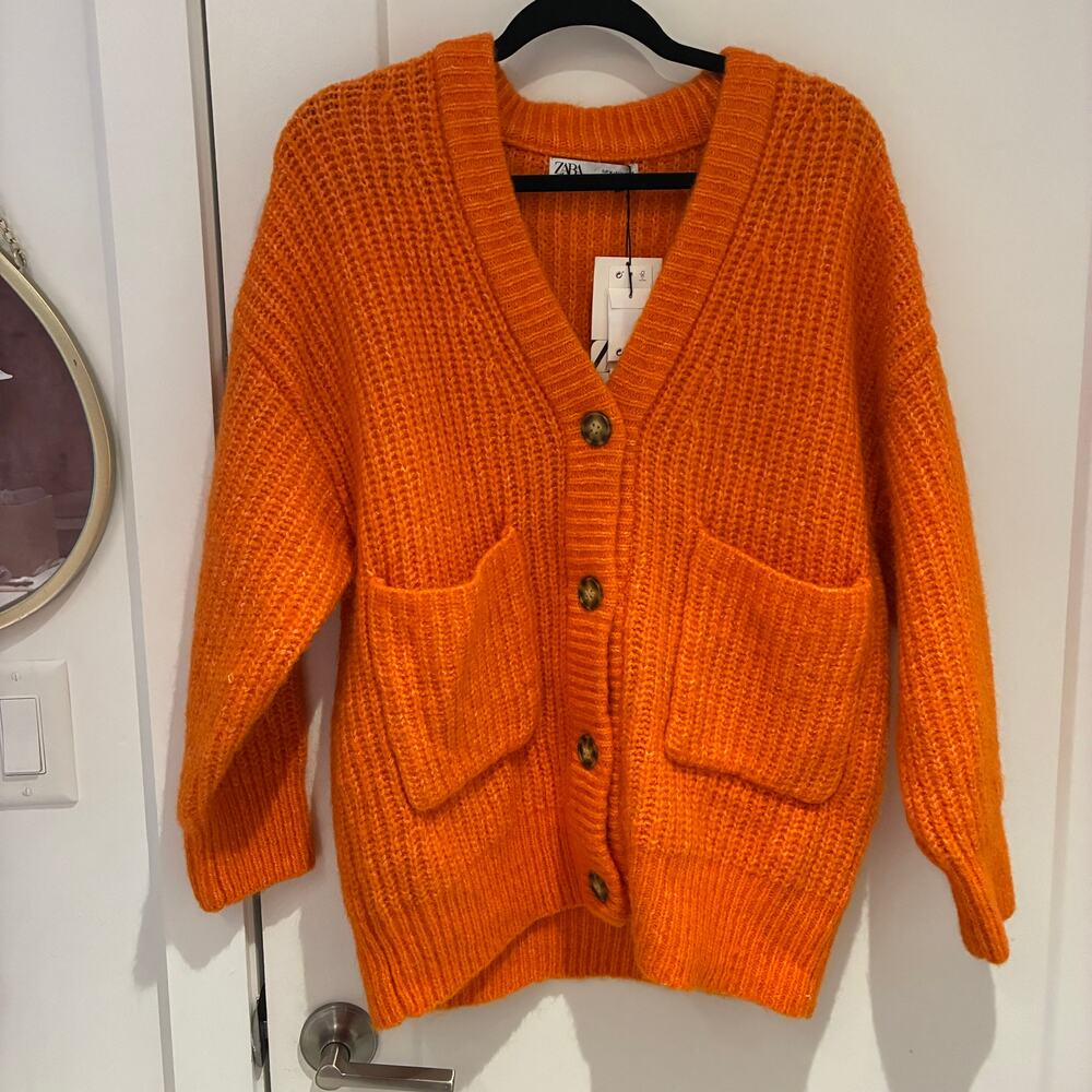 Zara Orange Chunky Knit V-Neck Cardigan